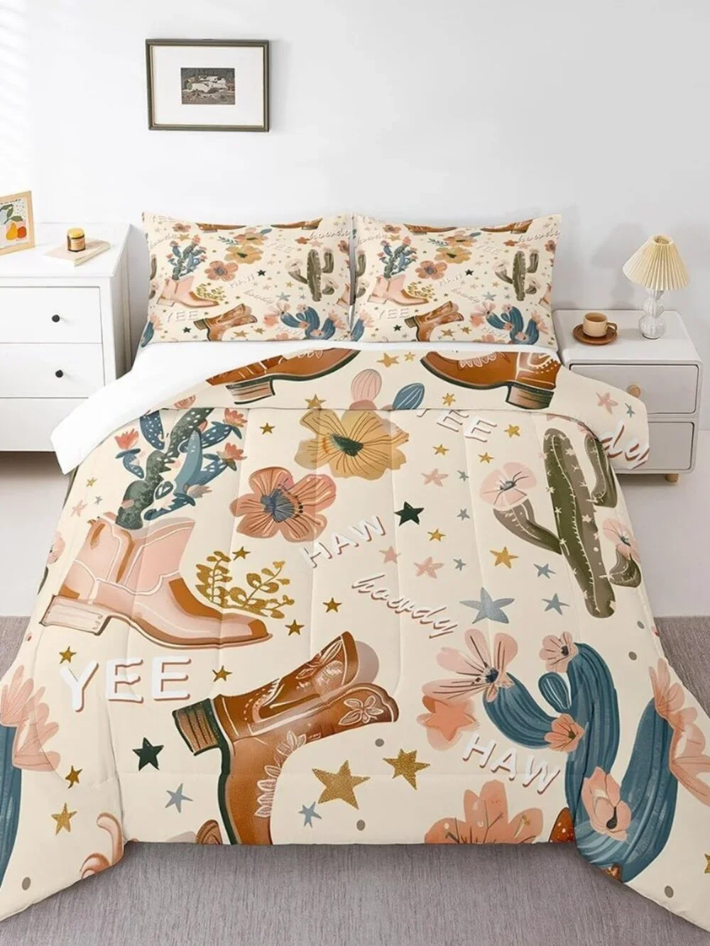 Cowgirl Comforter Set Queen Size, Country Western Cowboy Boots Brown Bedding Set